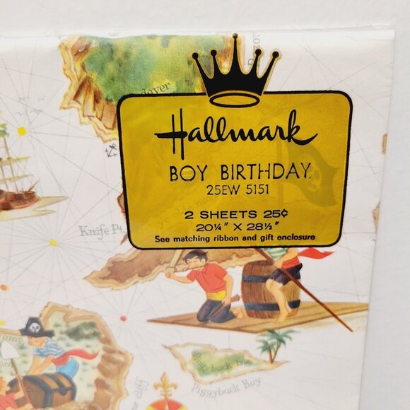 Vtg Hallmark Boy Birthday Kid Pirates Island Treasure Gift Wrapping Paper Crafts - Picture 2 of 5
